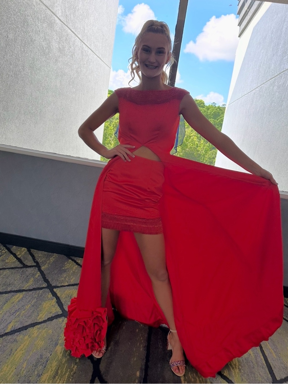 Rachel Allan Red High-Low Evening Gown with Ruffle Train - Picture 8 of 16